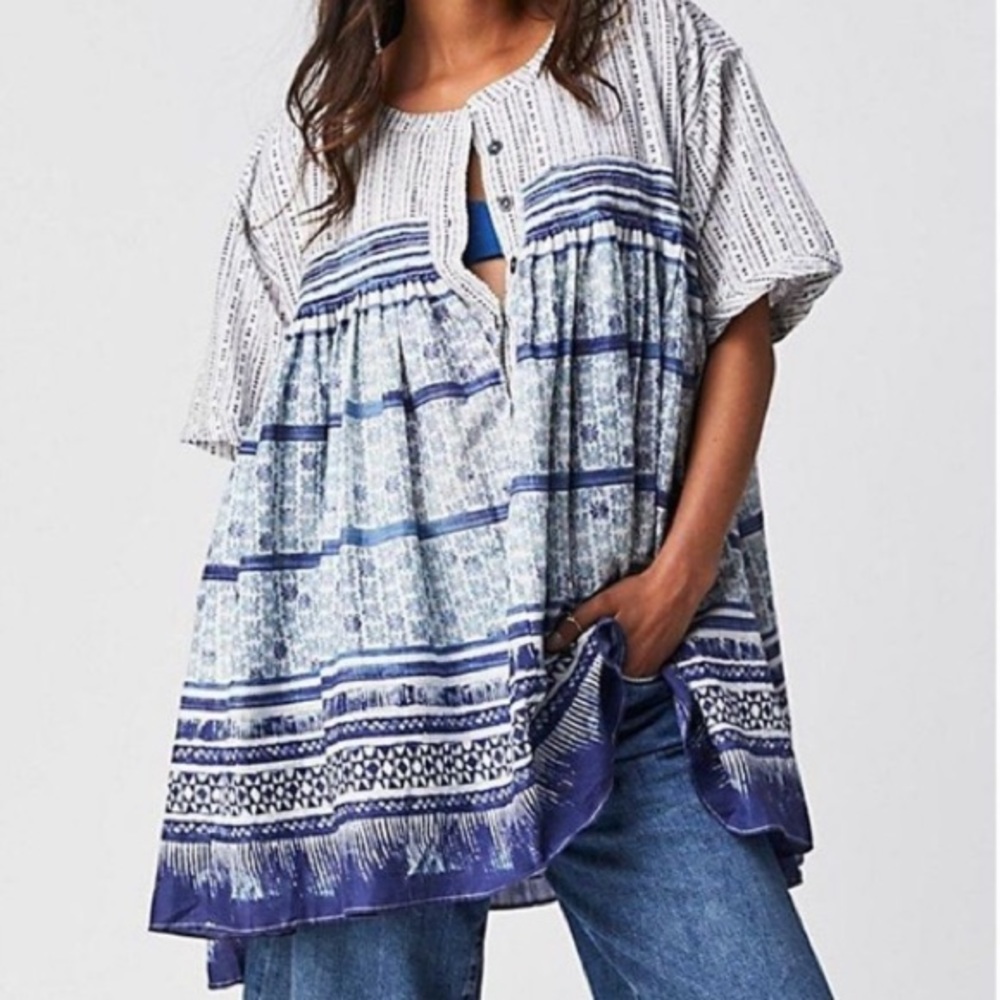 NWOT Free People We The Free Blue & White Short Sleeve Babydoll Top